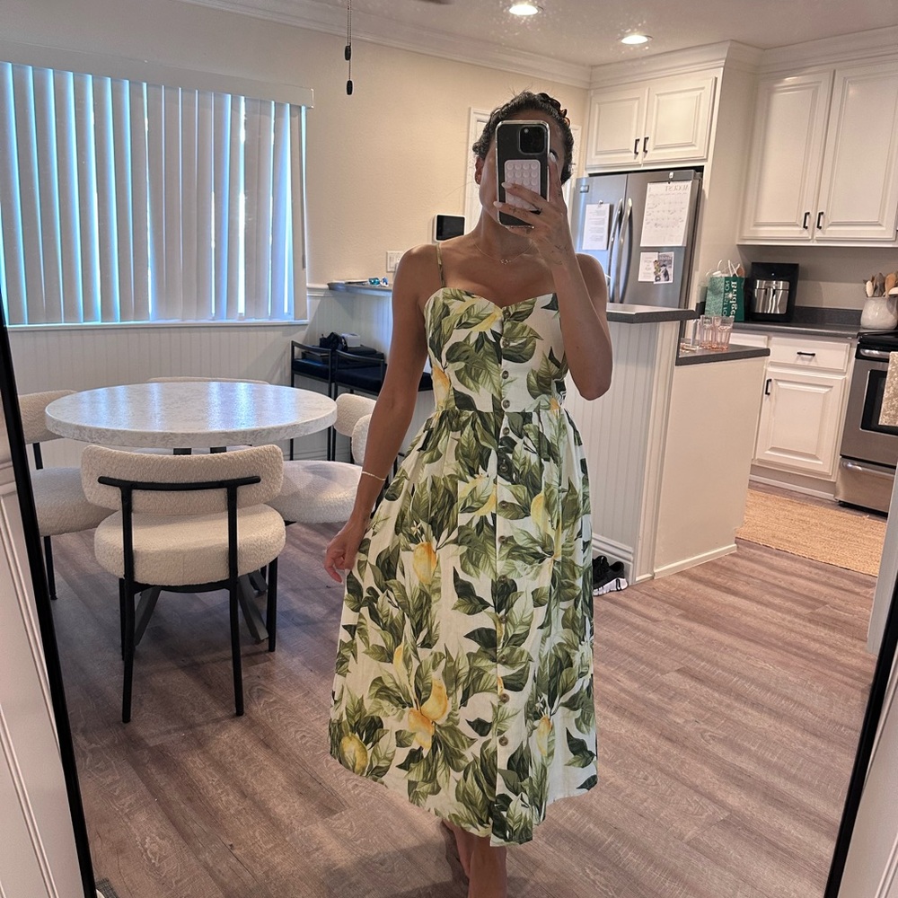 H&M Leafy Green and Cream Midi Dress